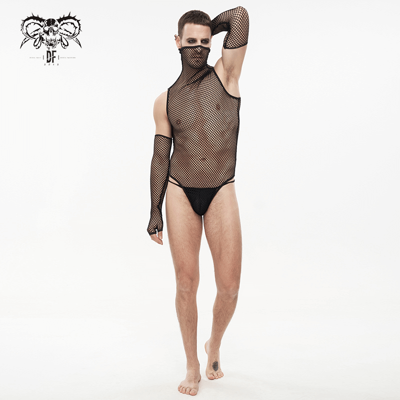 Stylish men's black mesh bodysuit with gloves, featuring a seductive punk design.