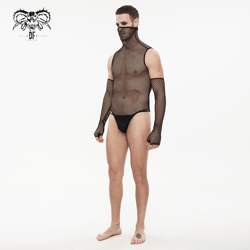 Stylish men's black elastic mesh bodysuit with gloves, perfect for punk fashion looks.