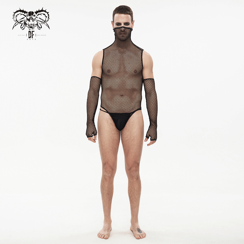Stylish men's black elastic mesh high collar bodysuit with gloves for punk fashion. Perfect for bold outfits.