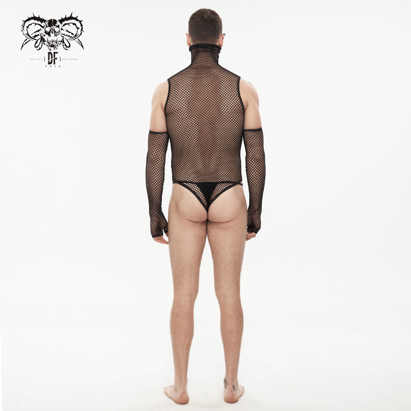 Back view of a man in a black elastic mesh high collar bodysuit with gloves, showcasing punk style.