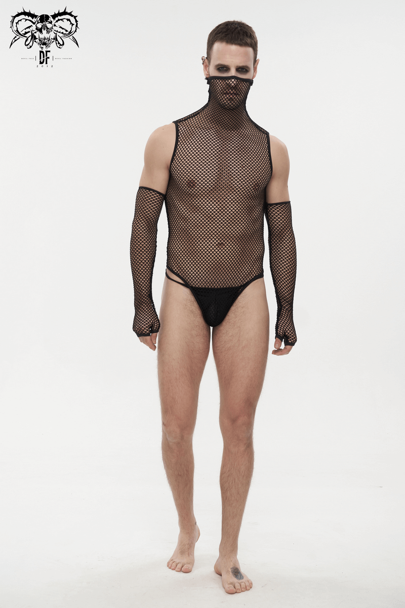 Stylish black mesh bodysuit with gloves for men, perfect for punk fashion looks and bold outfits.