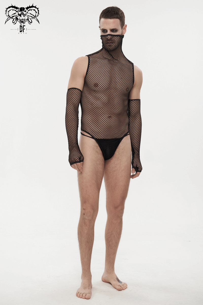 Stylish men's black elastic mesh bodysuit with gloves, perfect for punk fashion enthusiasts.