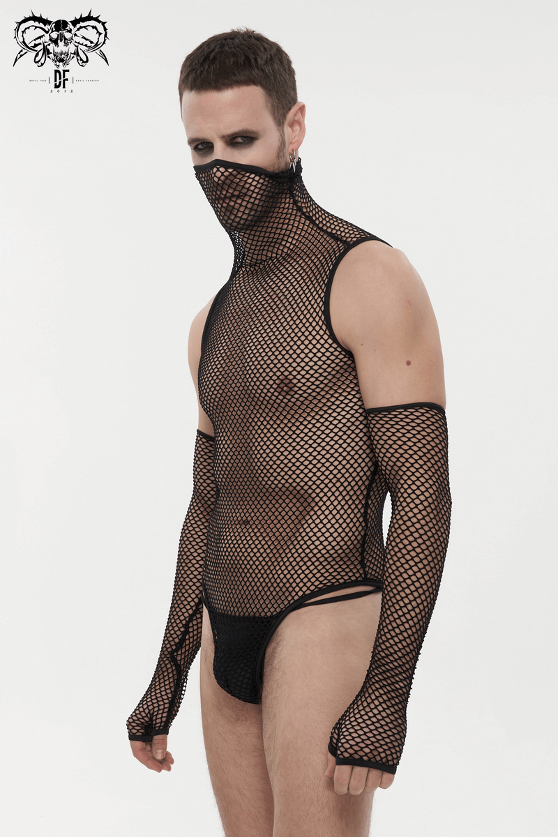 Stylish men's black mesh bodysuit with gloves, perfect for punk fashion and bold looks.