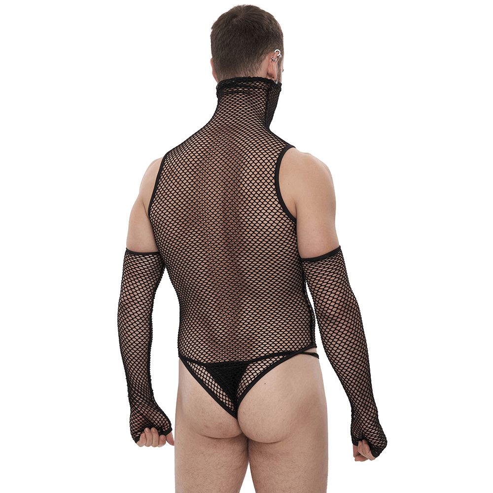Back view of a man in a black elastic mesh high collar bodysuit with gloves, showcasing punk fashion style.