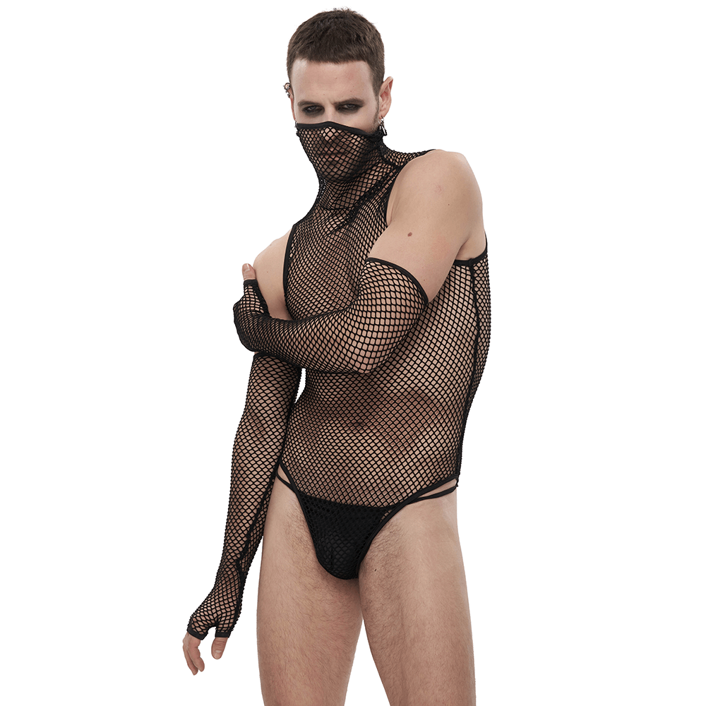 Stylish black mesh bodysuit for men with gloves, perfect for punk fashion and bold outfits.