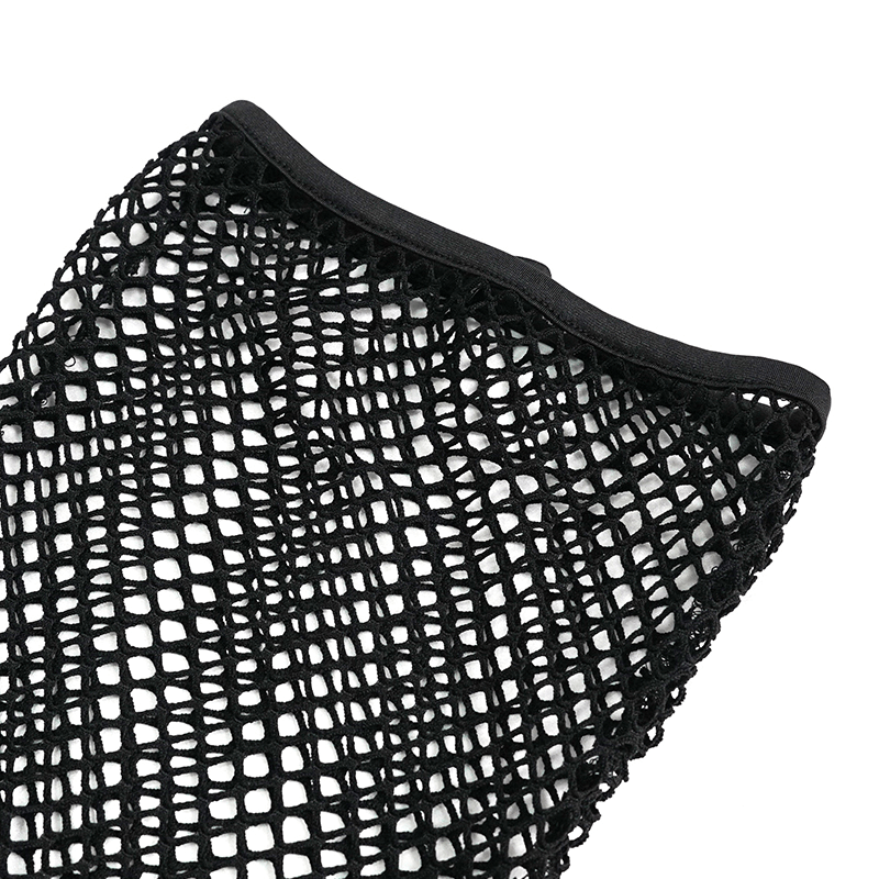 Close-up of black elastic mesh fabric for men's punk bodysuit, showcasing its stylish and edgy design.