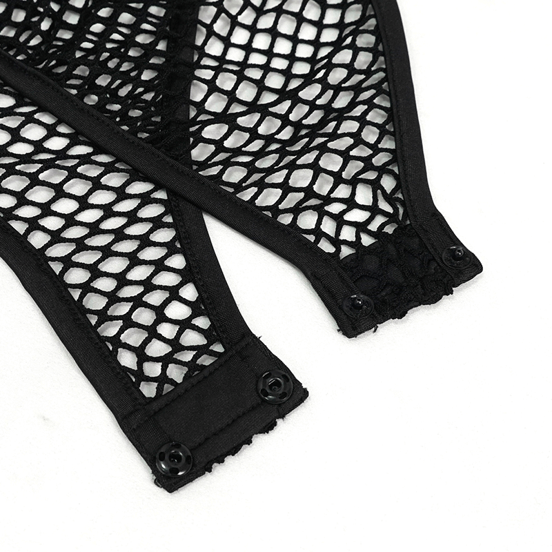 Close-up of black elastic mesh fabric with buttons, highlighting punk style design for men's bodysuit.