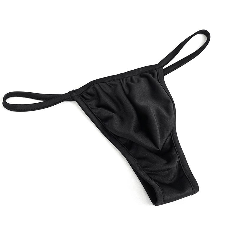 Sleek black men's thong underwear with adjustable straps and a soft fabric finish.