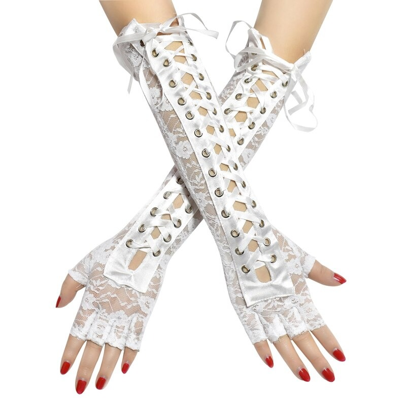 Fingerless white lace gothic gloves with ribbon and rivets, perfect for cosplay or stage performances.