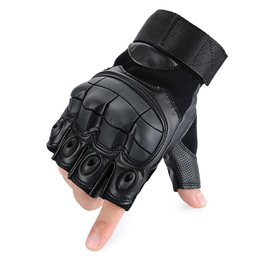 Fingerless tactical gloves in military style, made of durable leather for winter use and touch-screen compatibility.