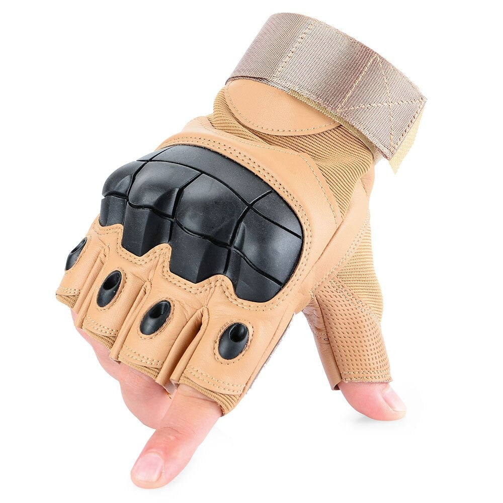 Fingerless military tactical gloves with padded palm and wrist support for airsoft and outdoor activities.