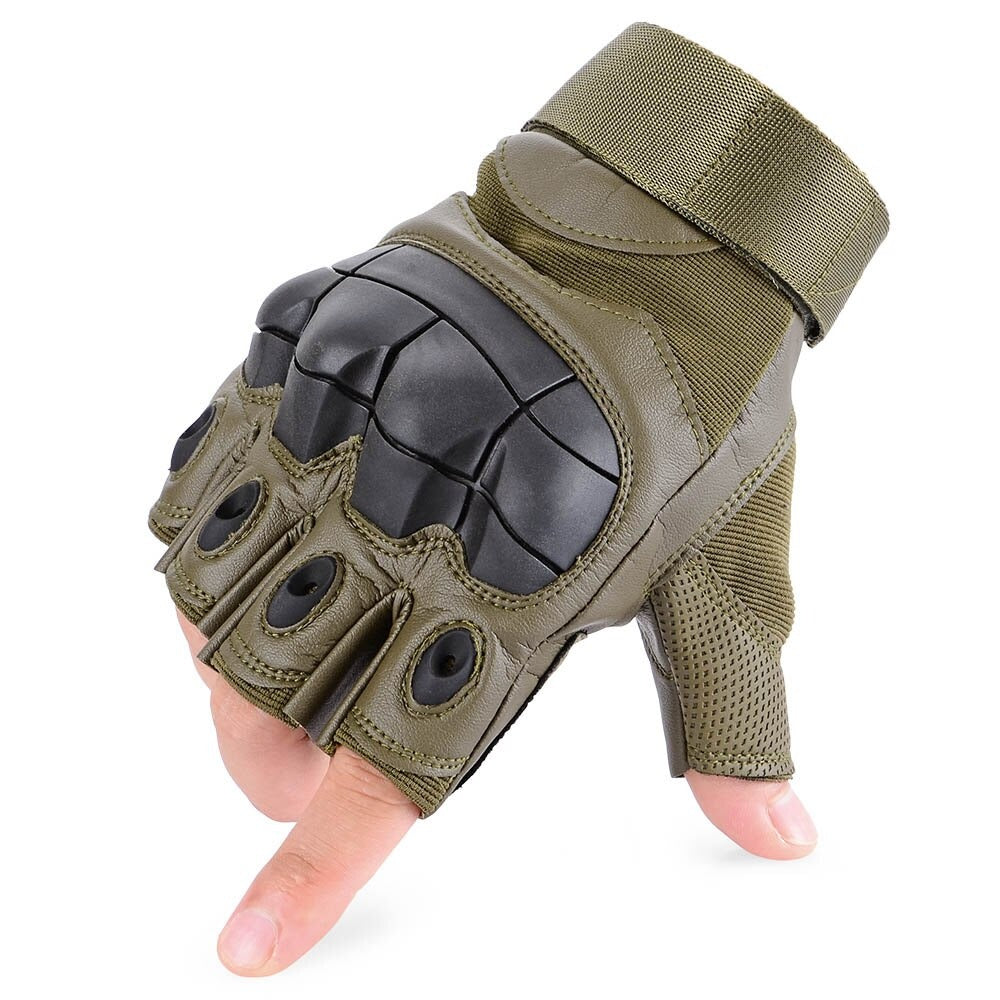 Fingerless tactical gloves in military green with protective knuckles for enhanced grip and easy touchscreen use.