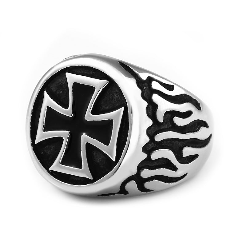 Fire Detail Cross Biker Ring in stainless steel with a rock style design, featuring black accents and flame details.