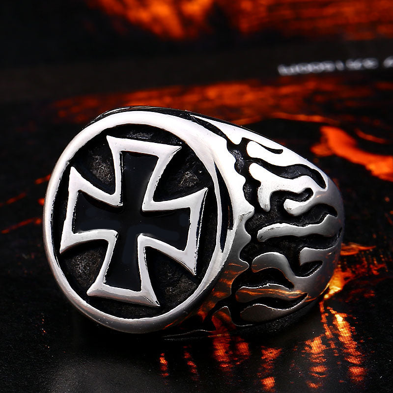 Fire Detail Cross Biker Ring in stainless steel with rock style design, perfect for concerts and biker outfits.