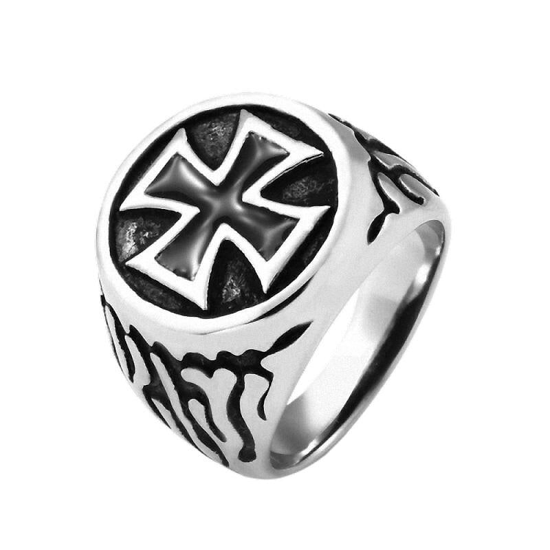 Massive stainless steel biker ring with a fire detail cross design, perfect for rock concerts and edgy outfits.