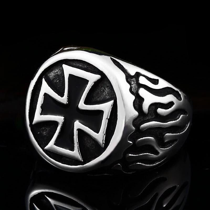 Fire Detail Cross Biker Ring / Rock Style Design Stainless Steel Jewelry - HARD'N'HEAVY