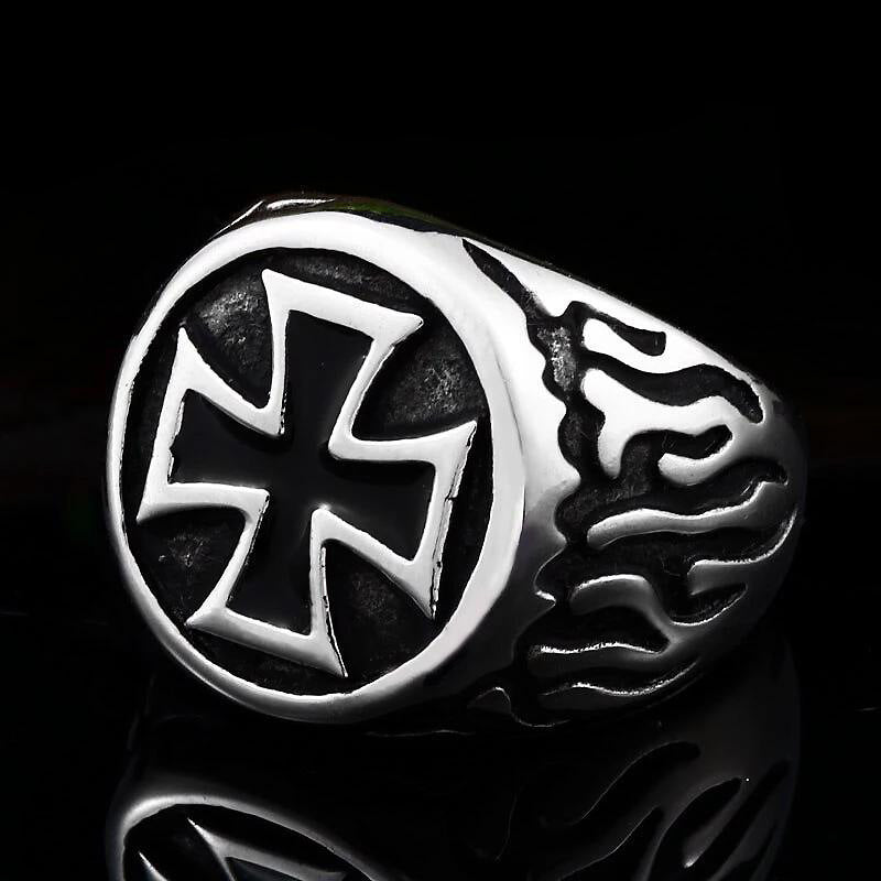 Fire Detail Cross Biker Ring in stainless steel, featuring a bold cross design perfect for rock and biker styles.