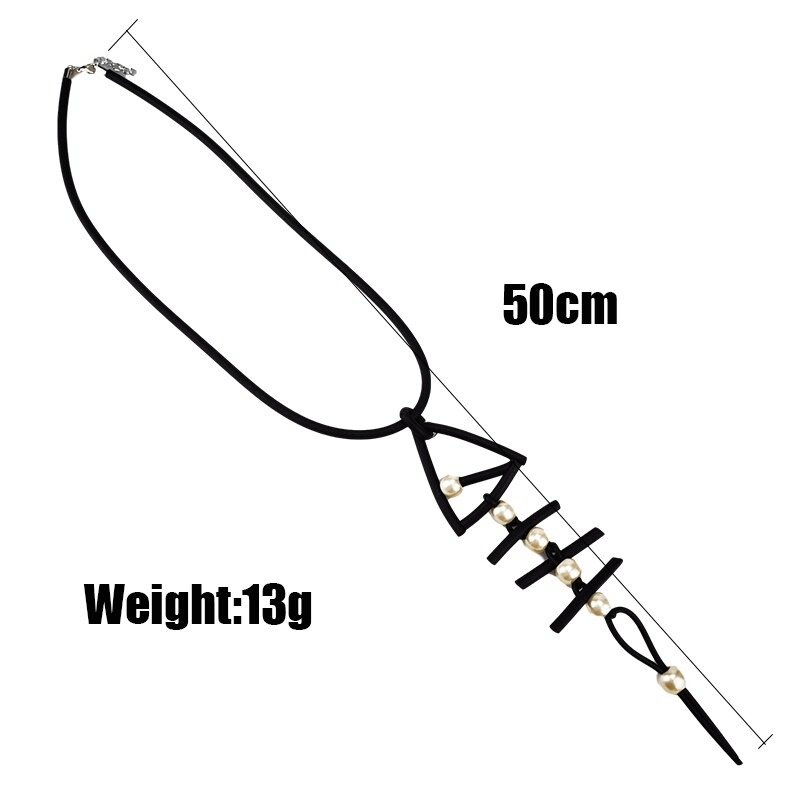 Gothic fish bone pendant necklace, black rubber, 50cm length, stylish and lightweight, perfect accessory for women.