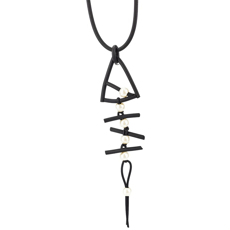 Gothic rubber fish bone pendant necklace with pearls, stylish women's handmade accessory in black.