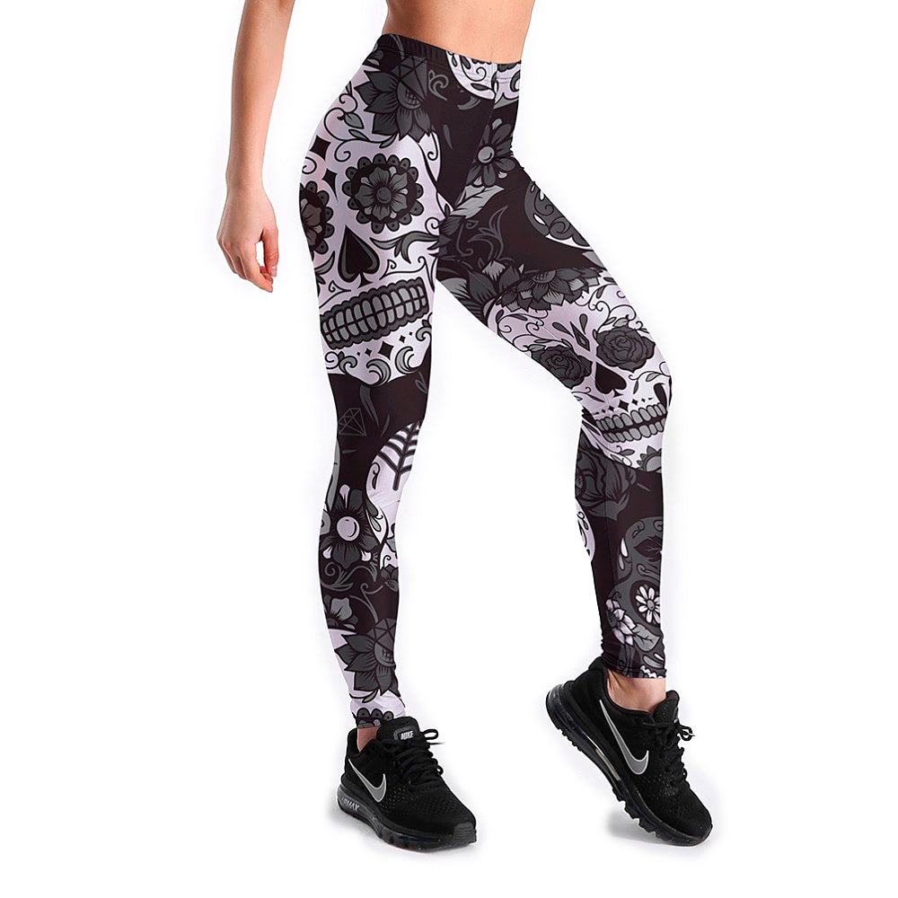Fitness Slim Women's Black&White skull Leggings / Stretch Print Pants in Alternative Fashion - HARD'N'HEAVY