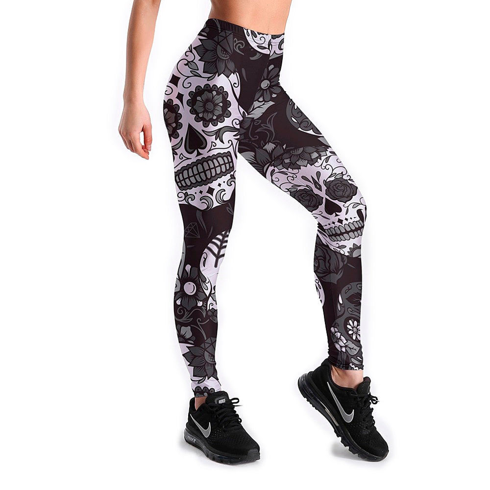 Fitness slim women's black and white skull leggings, perfect for rock style and alternative fashion.