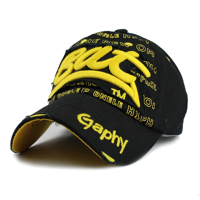 Fitted black unisex snapback hat with stylish yellow inscription pattern, perfect casual fashion accessory.