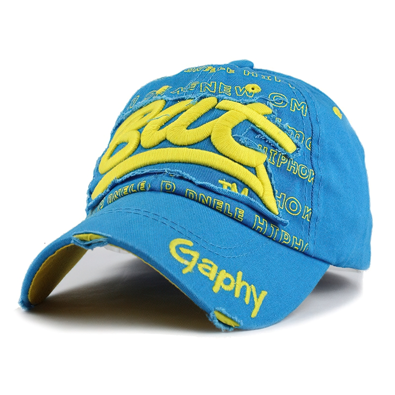 Stylish unisex snapback hat in bright blue with bold yellow inscription, perfect casual fashion accessory.