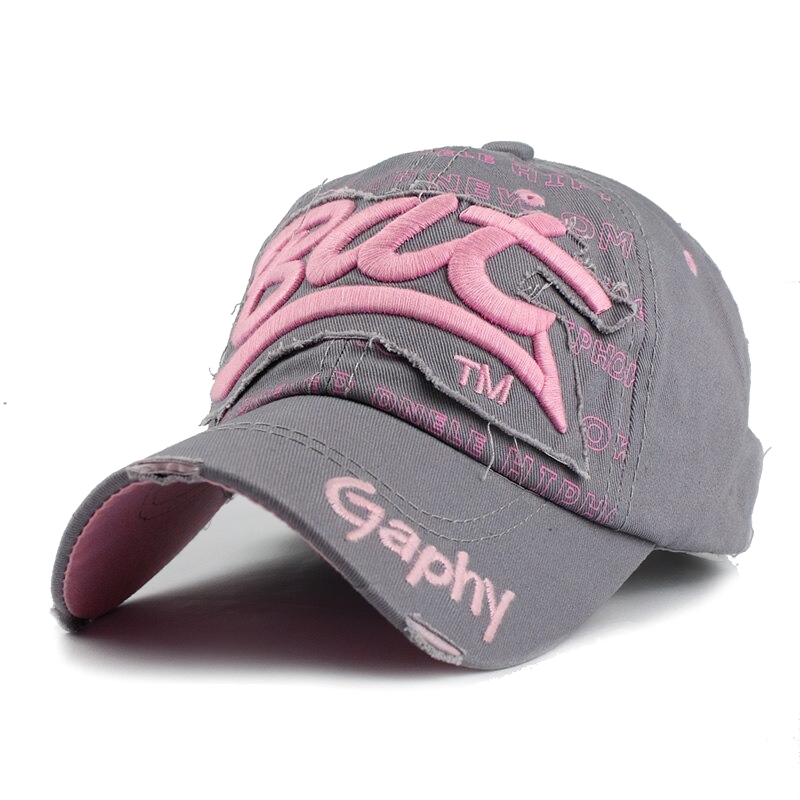 Unisex grey snapback hat with pink inscription pattern, stylish baseball cap for casual fashion.