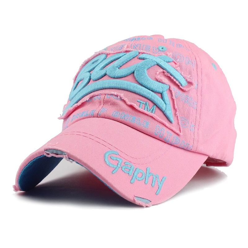 Fitted pink unisex baseball cap with blue inscription pattern, casual stylish accessory for everyday wear.