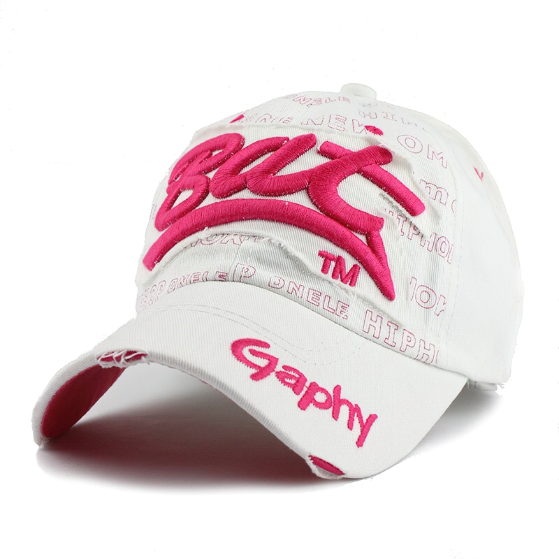 Fitted unisex leisure snapback hat with pink inscription pattern, stylish and casual baseball cap accessory.