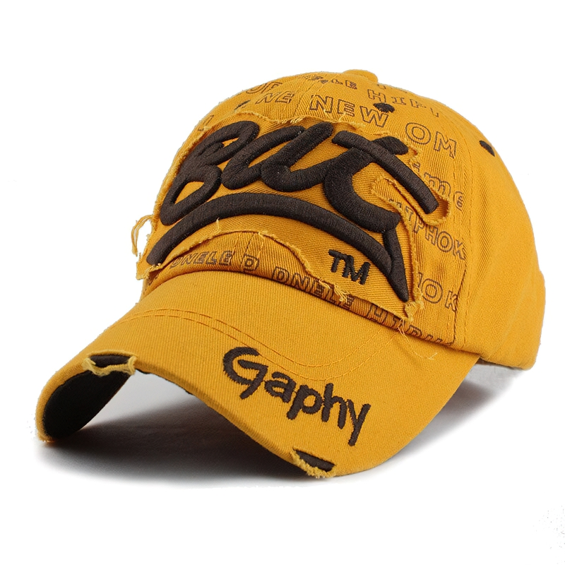 Stylish unisex fitted leisure snapback hat with unique inscription pattern and vibrant yellow color.