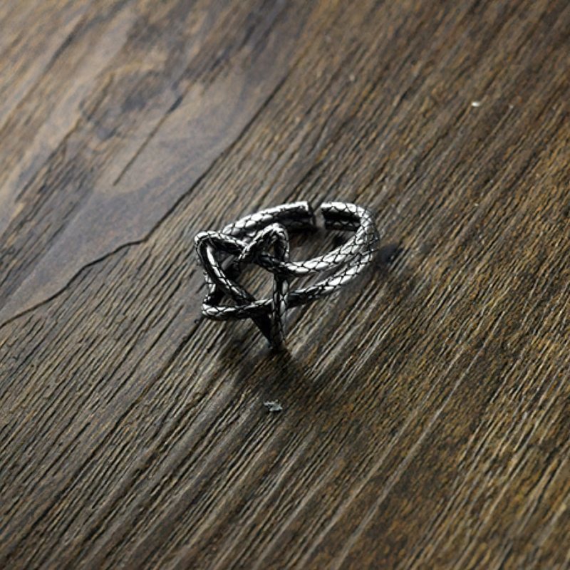 Five Star Open Retro Ring for Women in 925 Sterling Silver, a trendy fashion accessory on wooden background.