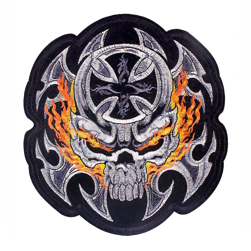 Large flamed iron cross embroidered patch featuring a flaming skull design for trendy biker outfits.