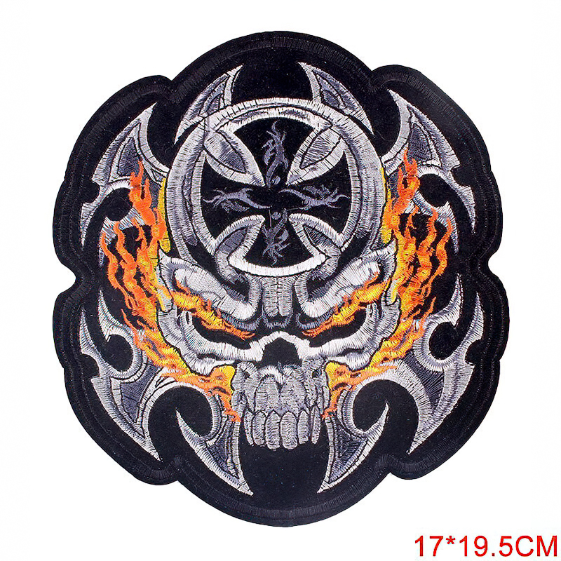 Large embroidered iron cross flamed skull patch for biker jackets and clothes, 17x19.5 cm.