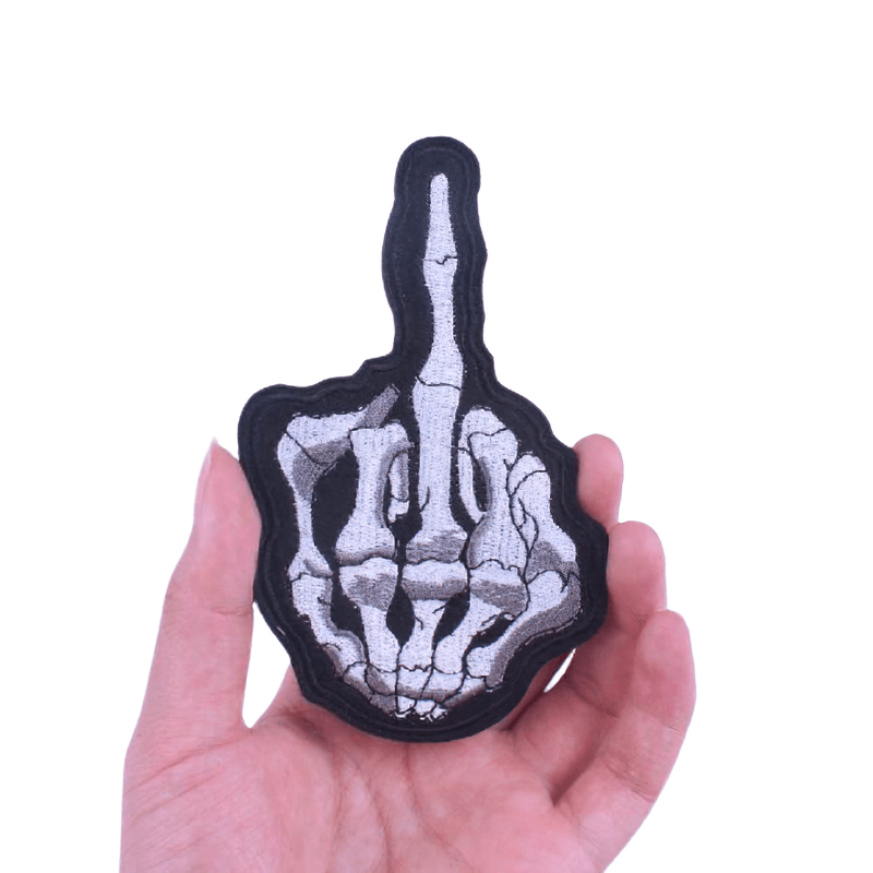 Unisex gothic style "Flip Off" bone hand patch, perfect for decorating clothes, showing off alternative fashion.