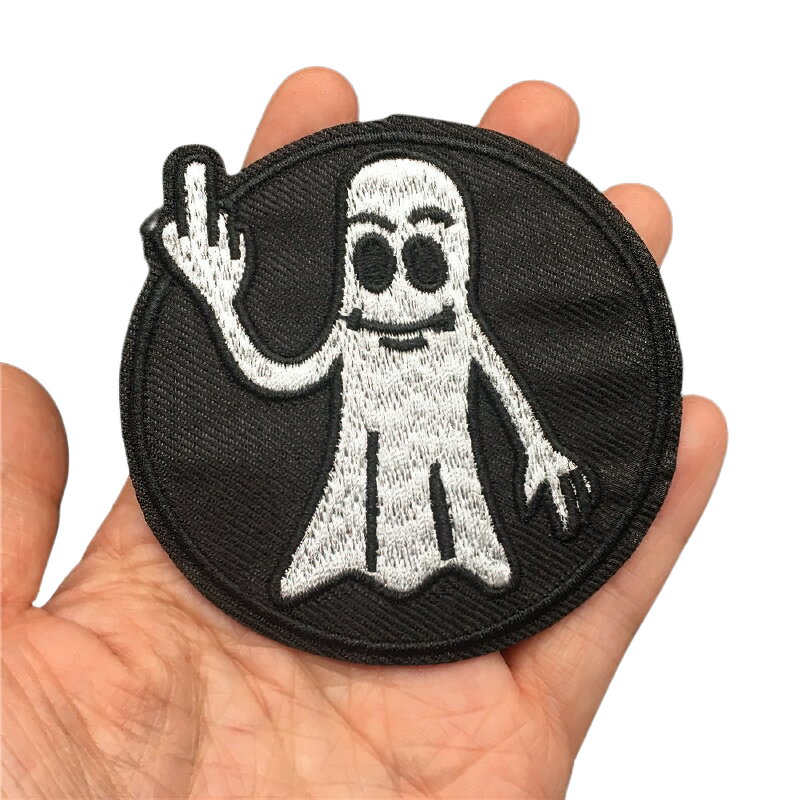 Unisex flip off ghost patch in gothic style, perfect for adding flair to clothes. Quality embroidery on black fabric.
