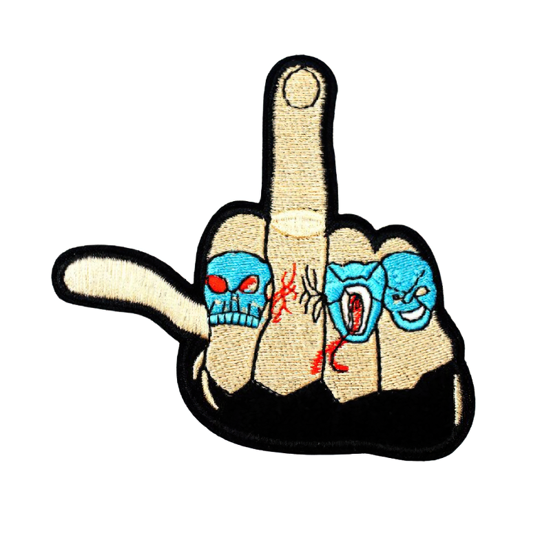 Flip off hand patch with skulls, unisex gothic accessory for alternative fashion lovers.