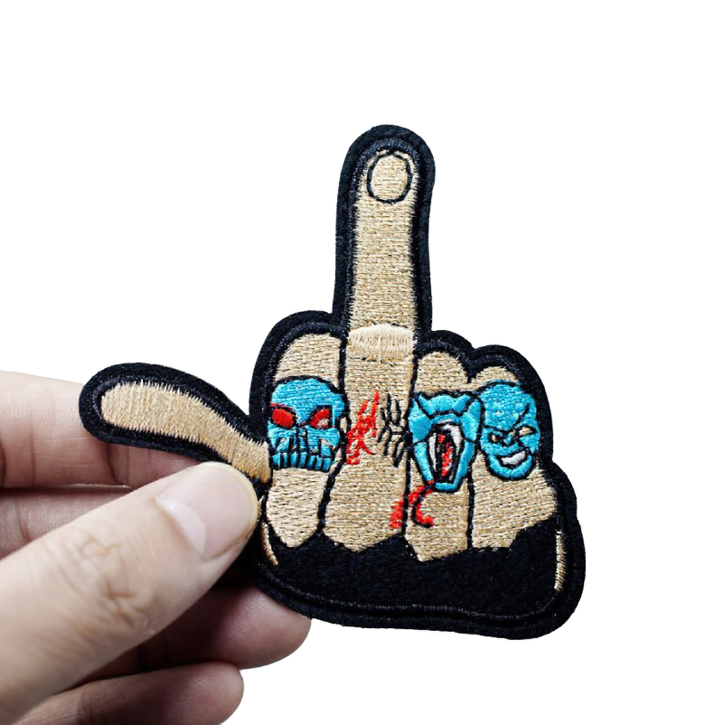 Unisex flip-off hand patch featuring skulls, perfect alternative fashion accessory for clothing.