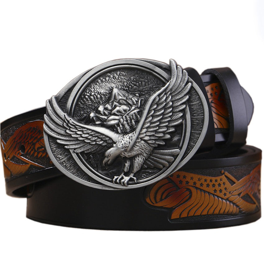Genuine leather belt with a Gothic style eagle buckle, perfect for rock or goth outfits.