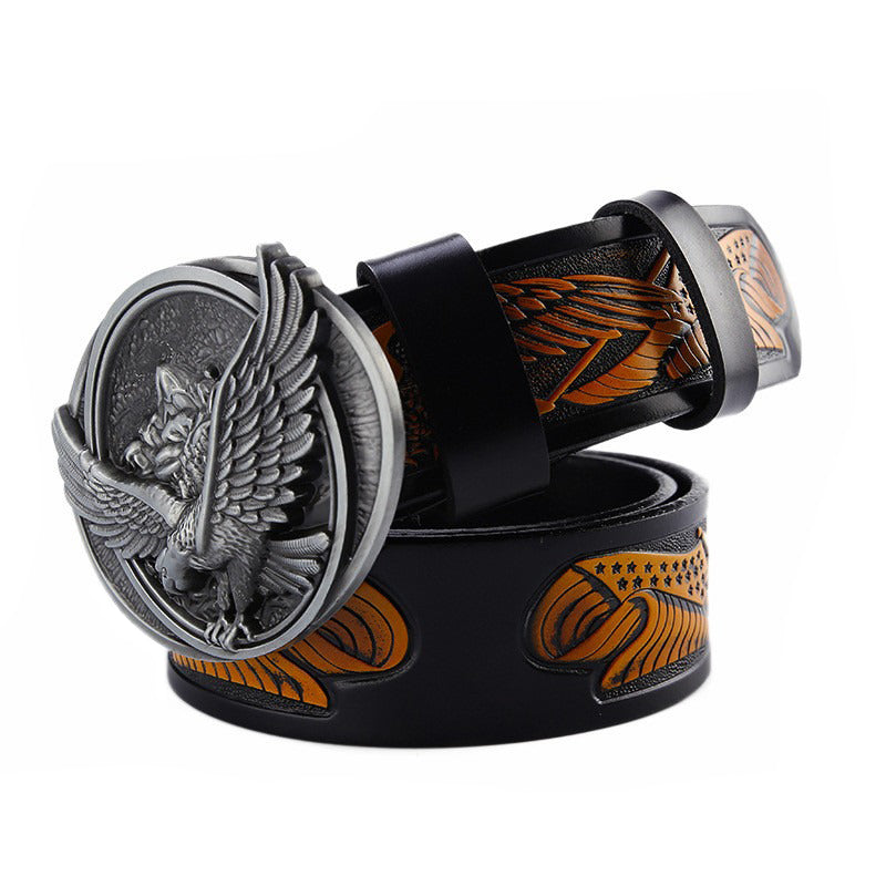 Genuine leather men's belt with a gothic eagle buckle, stylish and unique for rock and goth outfits.