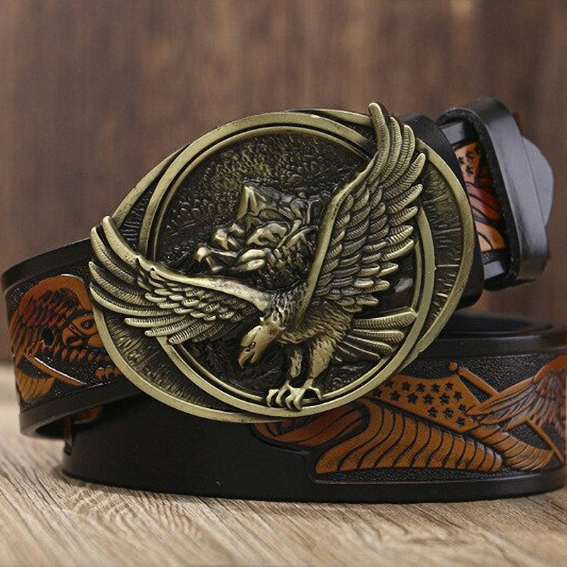 Genuine leather belt with ornate eagle buckle, perfect for rock and goth outfits, showcasing unique design and craftsmanship.