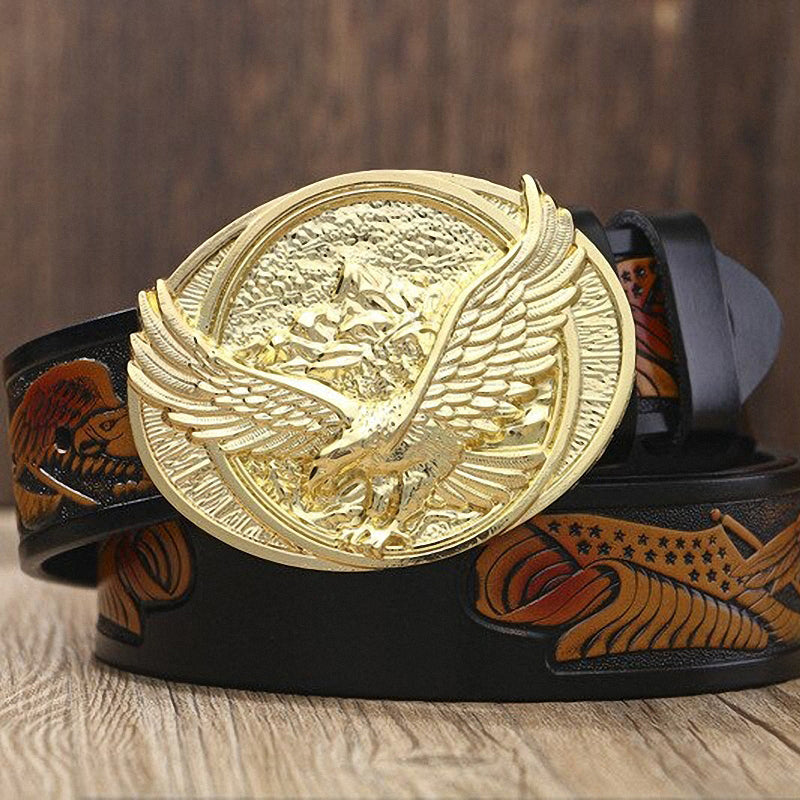 Genuine leather belt with gold eagle buckle, perfect for rock and goth outfits.
