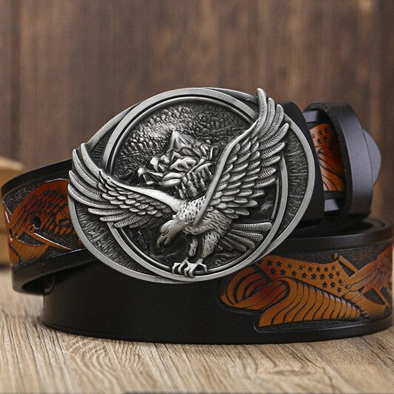 Genuine leather belt featuring a detailed eagle buckle, perfect for rock and goth outfits, showcasing unique Gothic style.