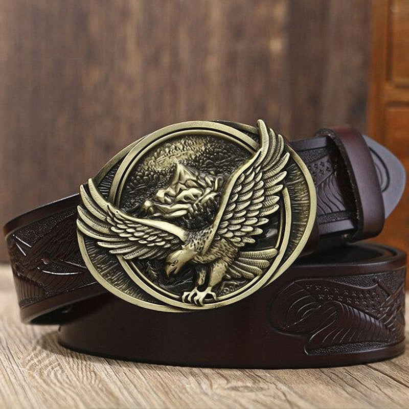 Fly Eagle design genuine leather belt featuring a detailed eagle buckle, perfect for rock and goth outfits.