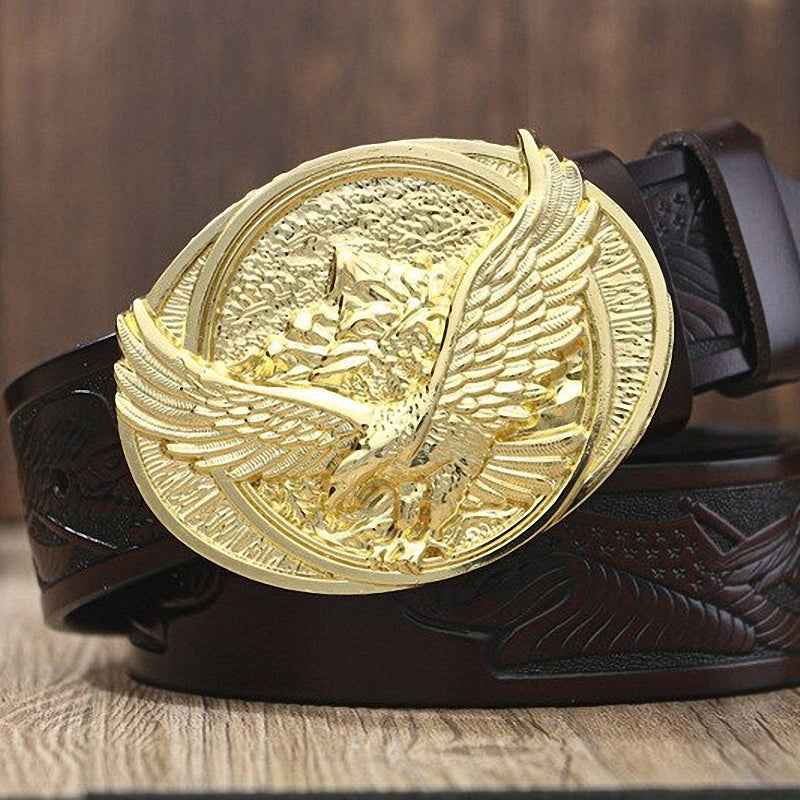 Fly eagle design belt for men with a striking golden eagle buckle on a genuine leather waistband.