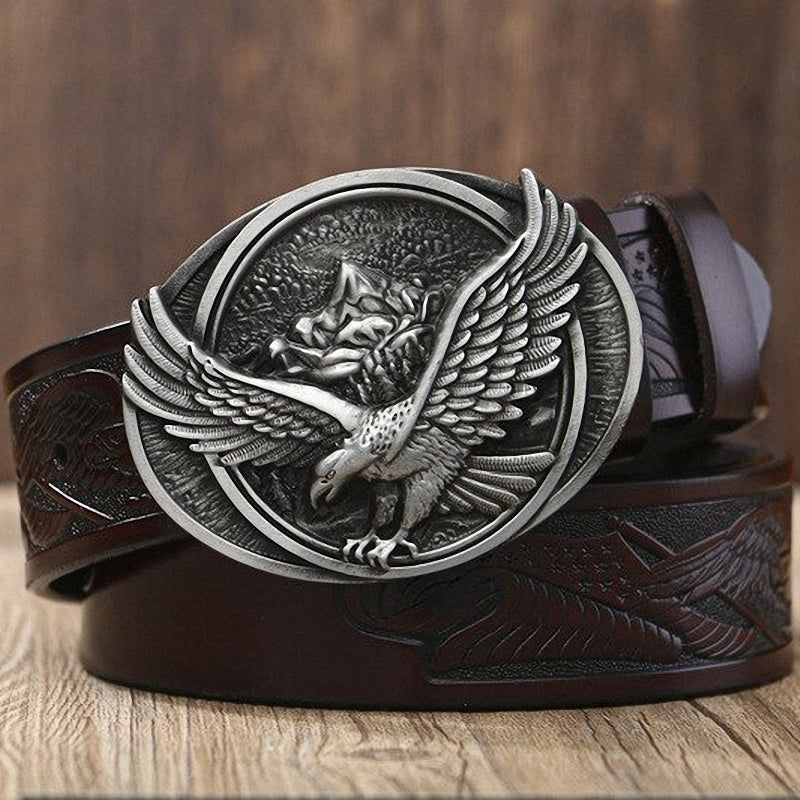Genuine leather belt featuring a large Gothic eagle buckle, perfect for rock or goth fashion.