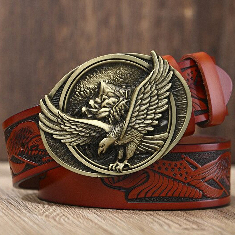 Genuine leather belt with a gothic-style eagle buckle, perfect for rock and goth outfits.