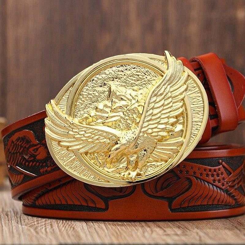 Genuine leather belt featuring a large Gothic-style eagle buckle, perfect for rock or goth outfits.