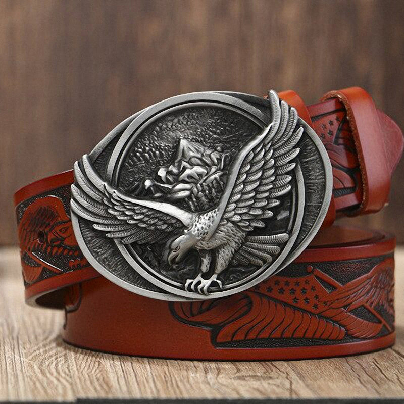 Fly Eagle Design leather belt with a metallic eagle buckle ideal for rock or goth fashion.