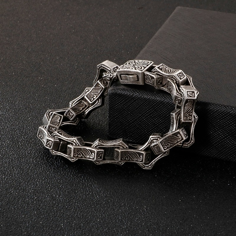 Vintage engraving square bracelet for men, stainless steel punk cuff chain with unique design.